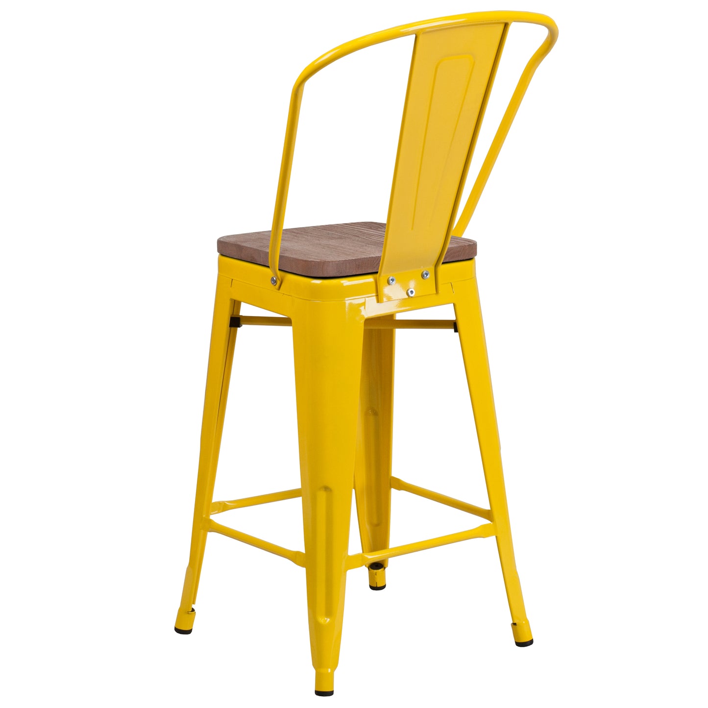 Lily 24" High Yellow Metal Counter Height Stool with Back and Wood Seat Yellow