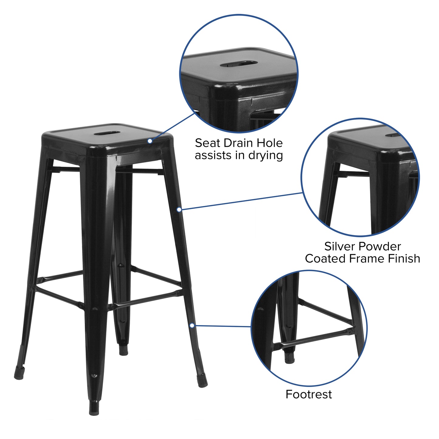 Kai Commercial Grade 30" High Backless Black Metal Indoor-Outdoor Barstool with Square Seat Black