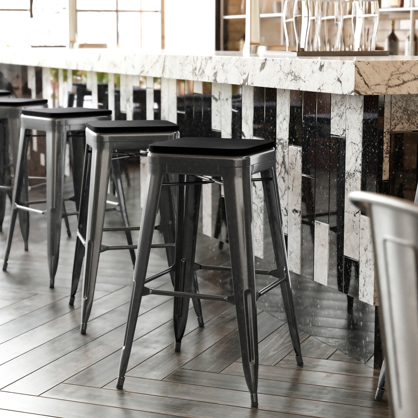 Kai Commercial Grade 30" High Backless Black Metal Indoor-Outdoor Barstool with Black Poly Resin Wood Seat Black Seat/Black Frame