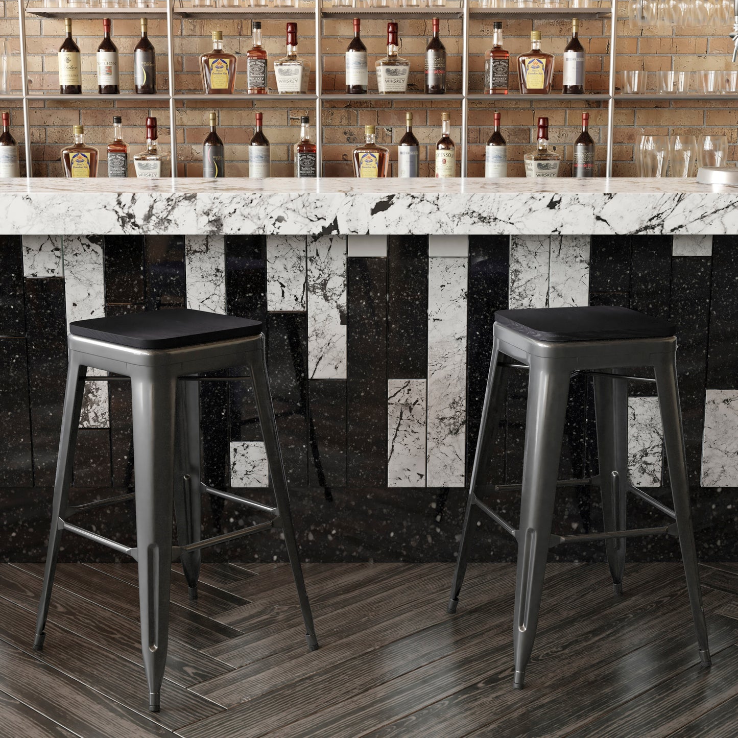 Kai Commercial Grade 30" High Backless Black Metal Indoor-Outdoor Barstool with Black Poly Resin Wood Seat Black Seat/Black Frame