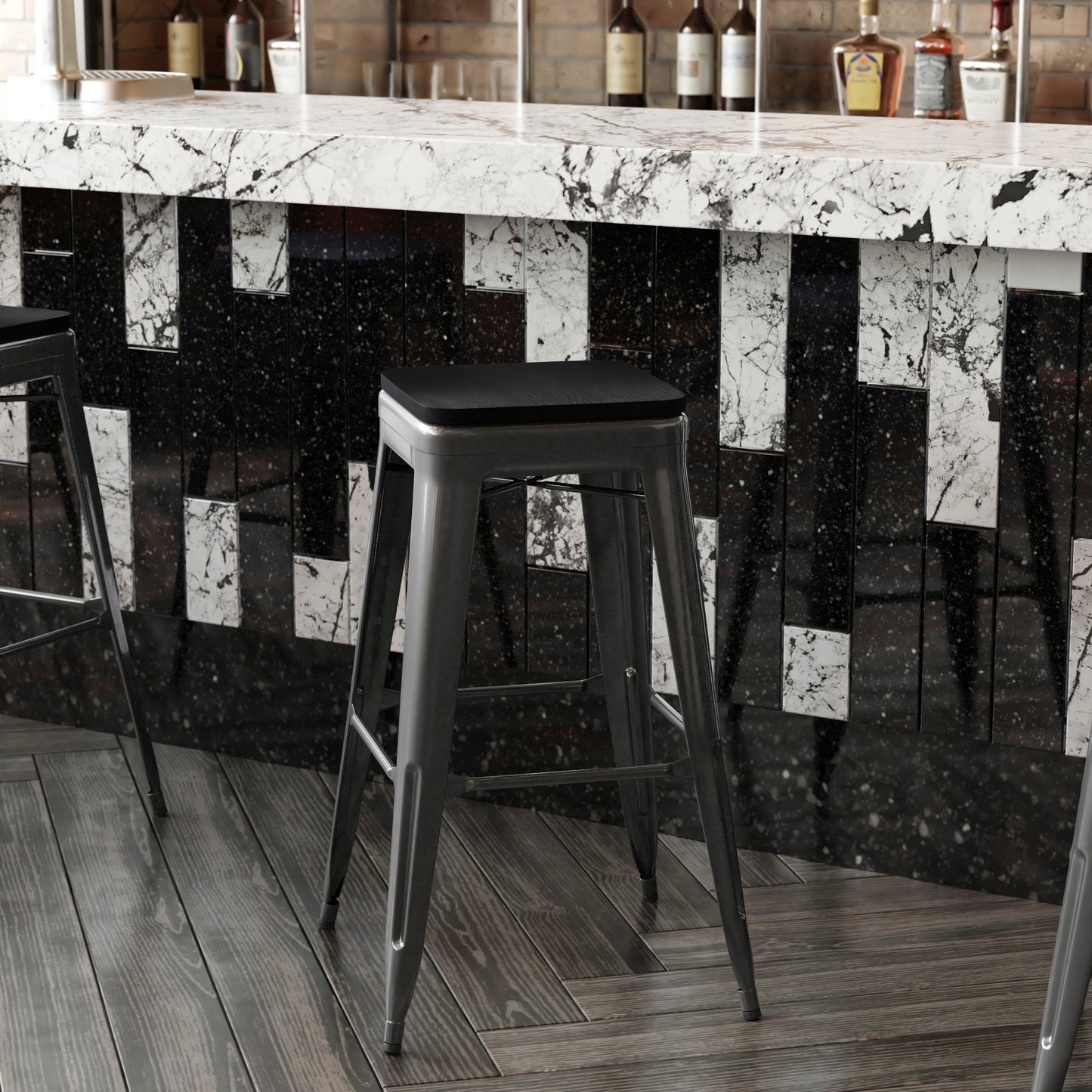 Kai Commercial Grade 30" High Backless Black Metal Indoor-Outdoor Barstool with Black Poly Resin Wood Seat Black Seat/Black Frame