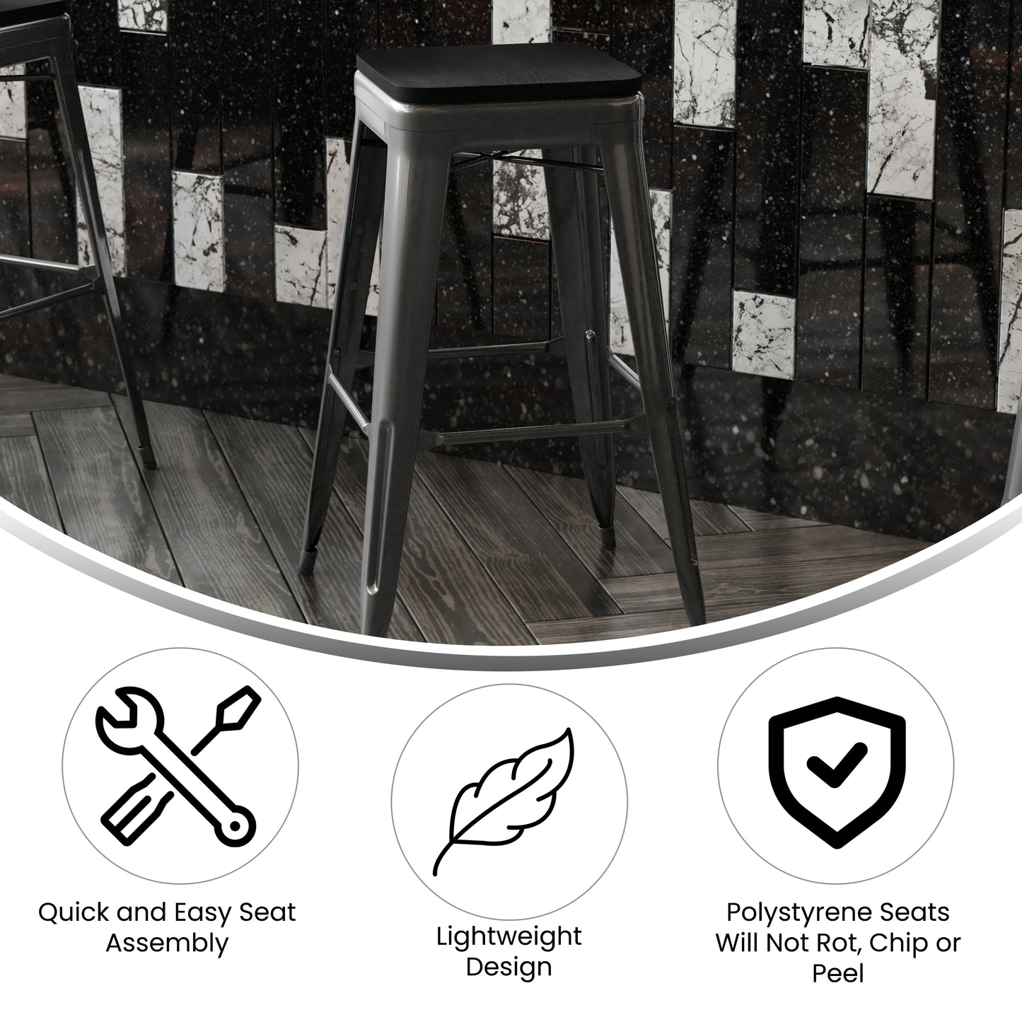 Kai Commercial Grade 30" High Backless Black Metal Indoor-Outdoor Barstool with Black Poly Resin Wood Seat Black Seat/Black Frame