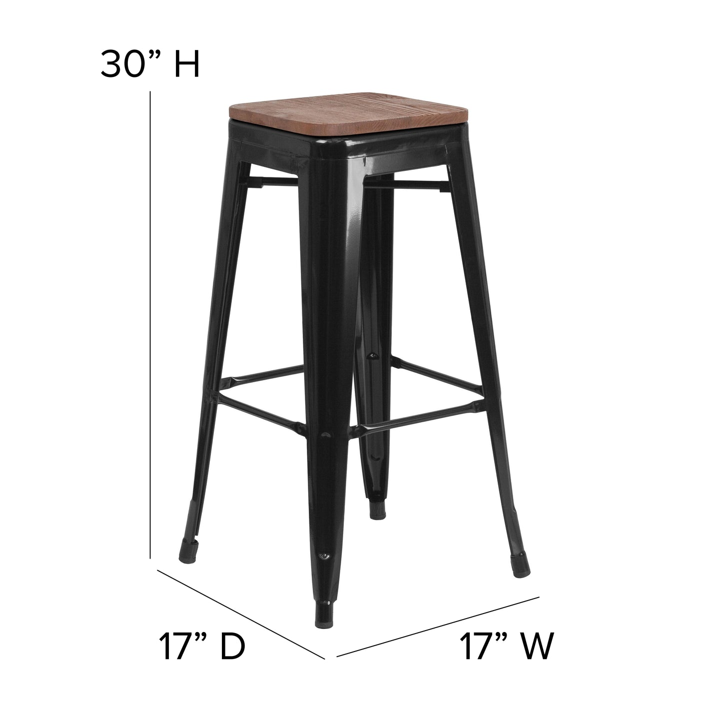 Lily 30" High Backless Black Metal Barstool with Square Wood Seat Black