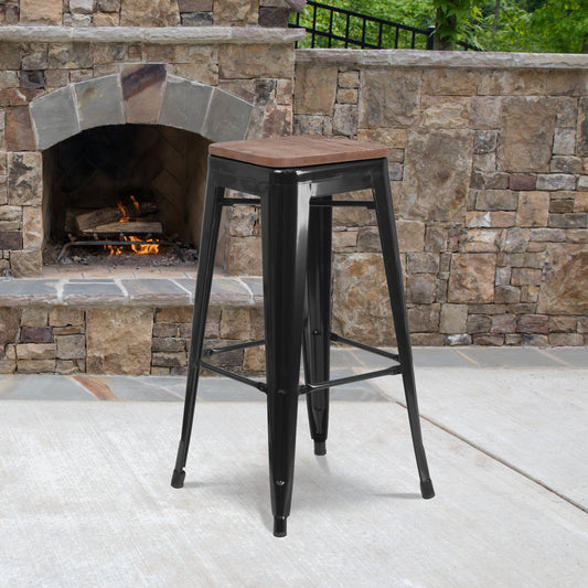 Lily 30" High Backless Black Metal Barstool with Square Wood Seat Black