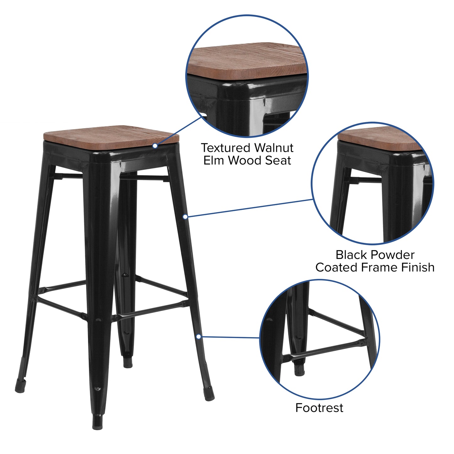 Lily 30" High Backless Black Metal Barstool with Square Wood Seat Black
