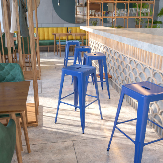 Kai Commercial Grade 30" High Backless Blue Metal Indoor-Outdoor Barstool with Square Seat Blue