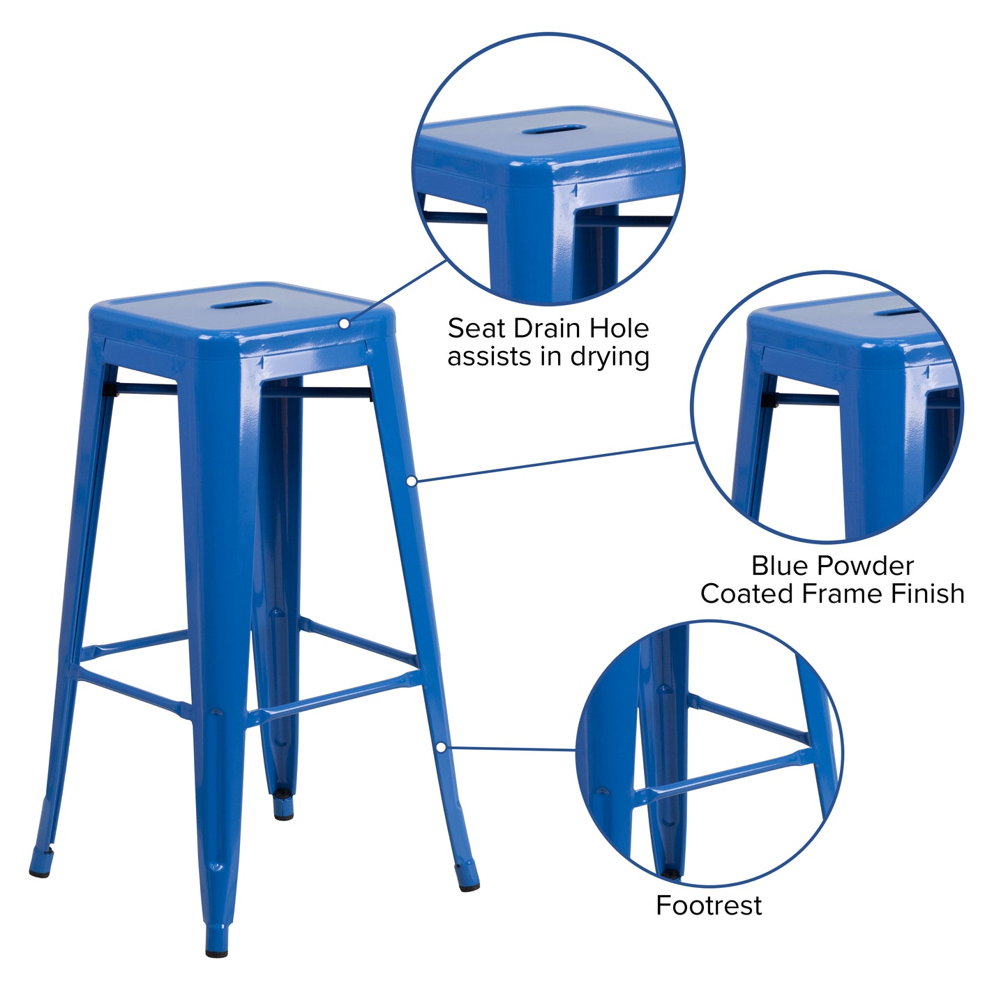 Kai Commercial Grade 30" High Backless Blue Metal Indoor-Outdoor Barstool with Square Seat Blue