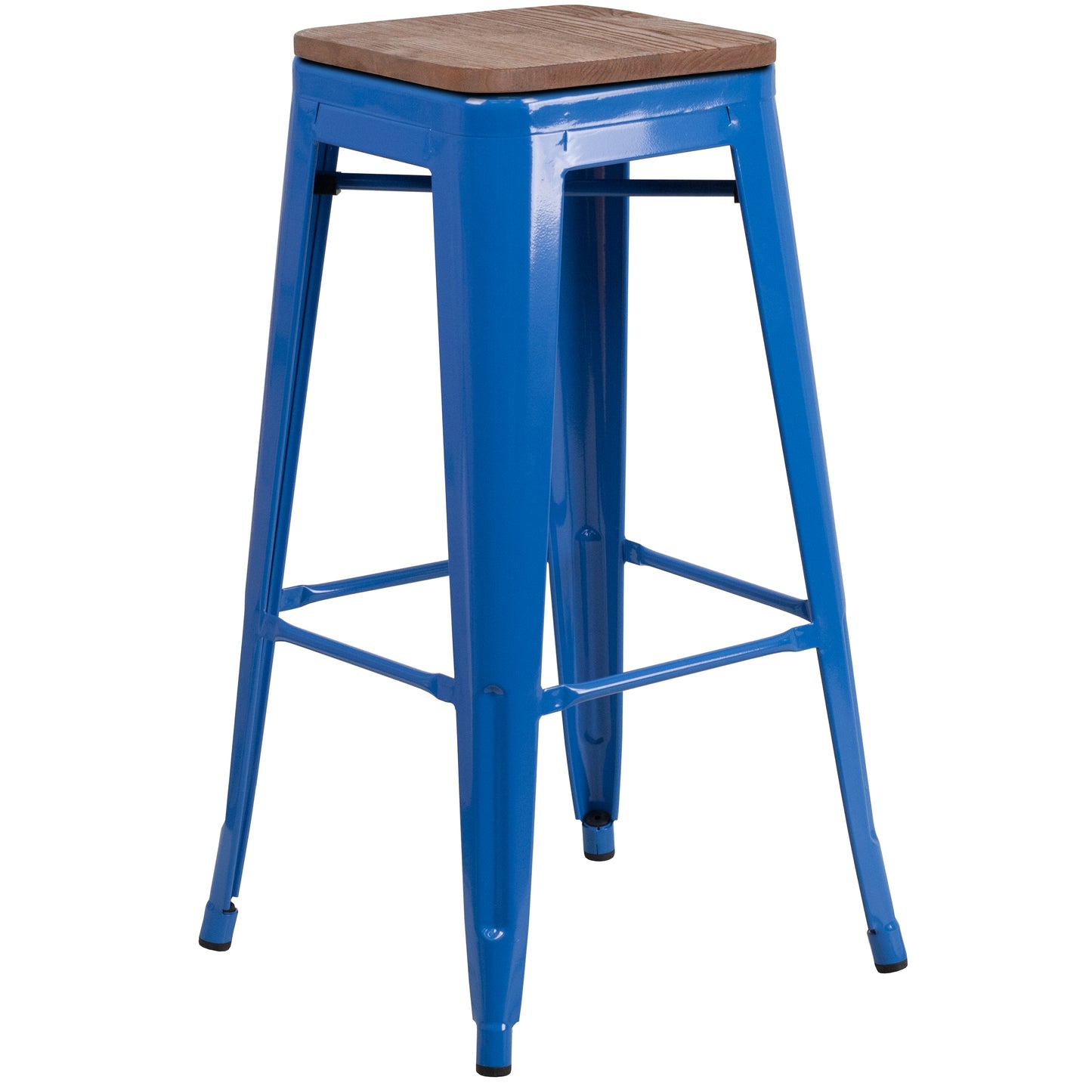 Lily 30" High Backless Blue Metal Barstool with Square Wood Seat Blue