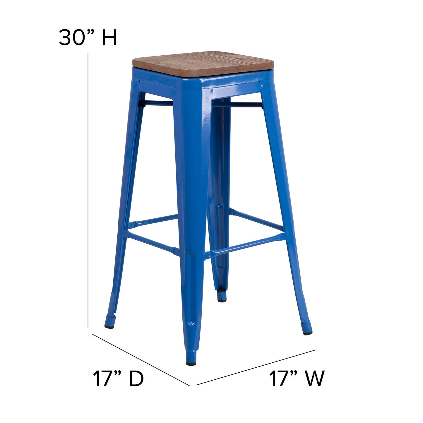 Lily 30" High Backless Blue Metal Barstool with Square Wood Seat Blue