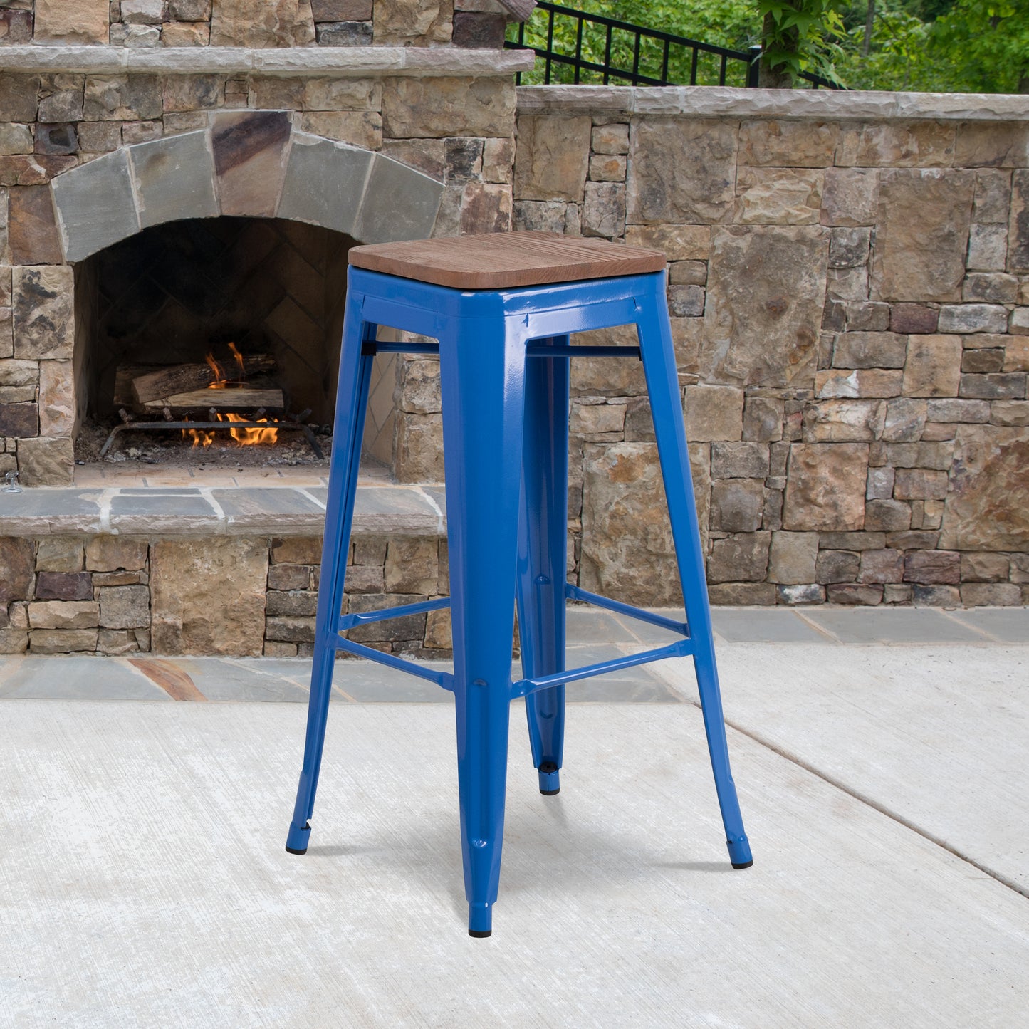 Lily 30" High Backless Blue Metal Barstool with Square Wood Seat Blue