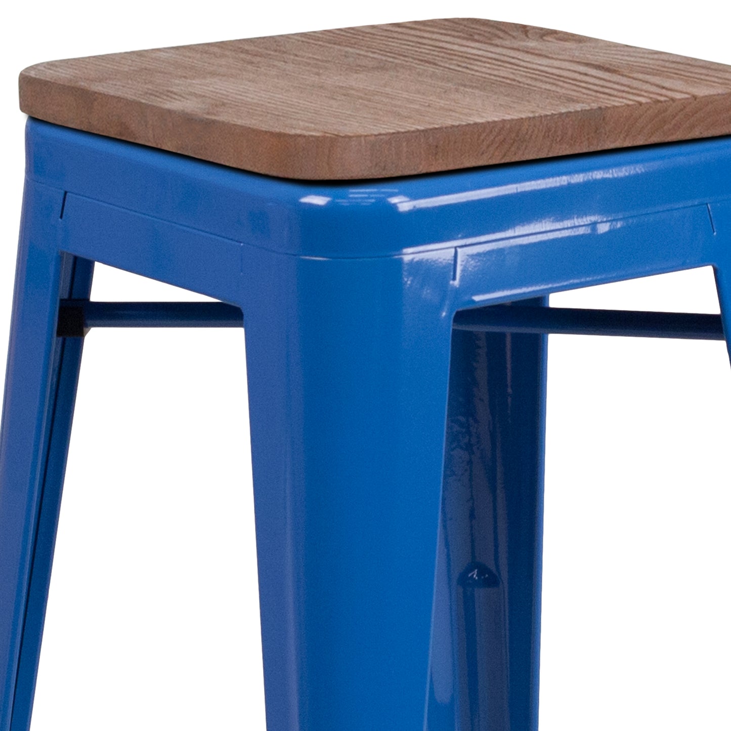 Lily 30" High Backless Blue Metal Barstool with Square Wood Seat Blue