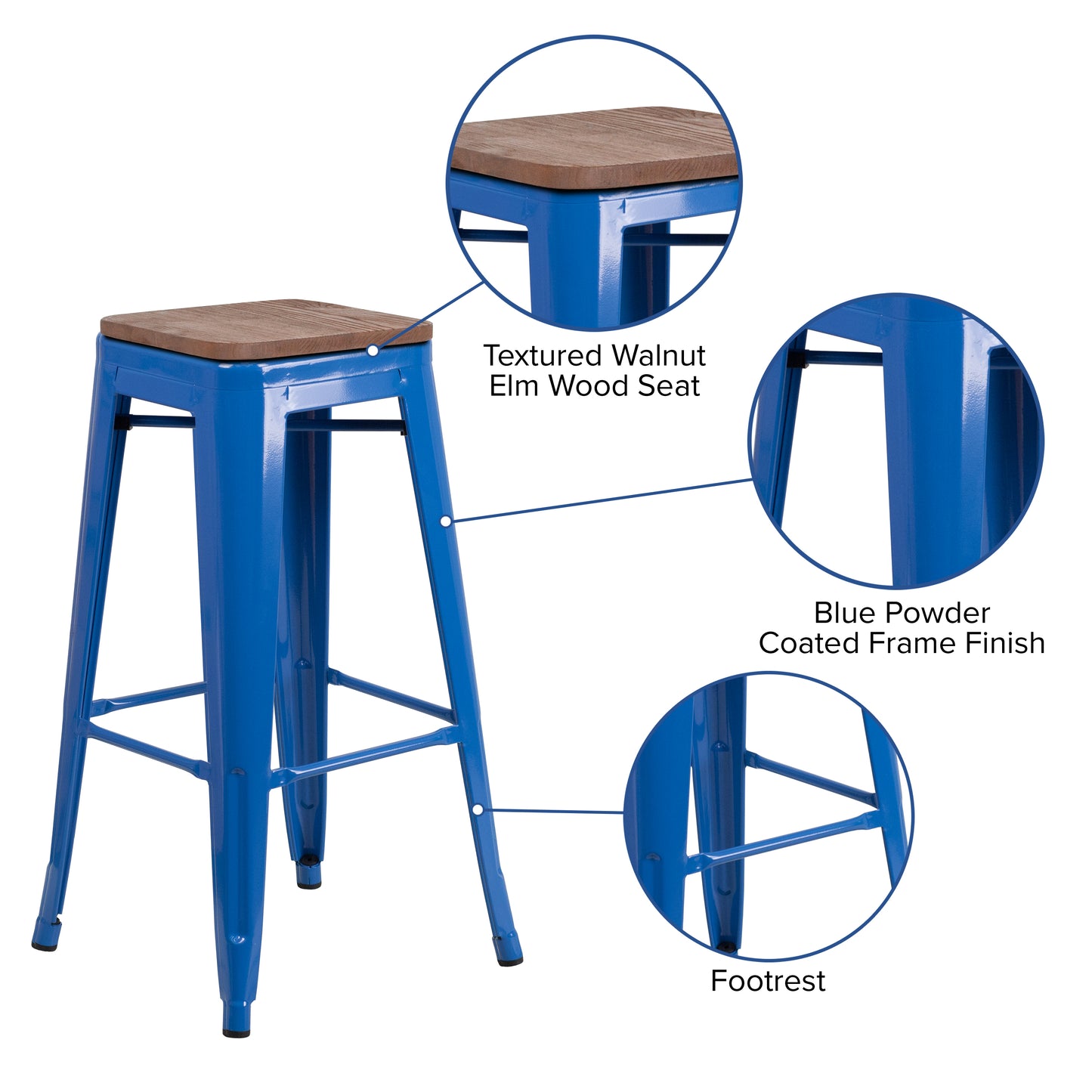 Lily 30" High Backless Blue Metal Barstool with Square Wood Seat Blue