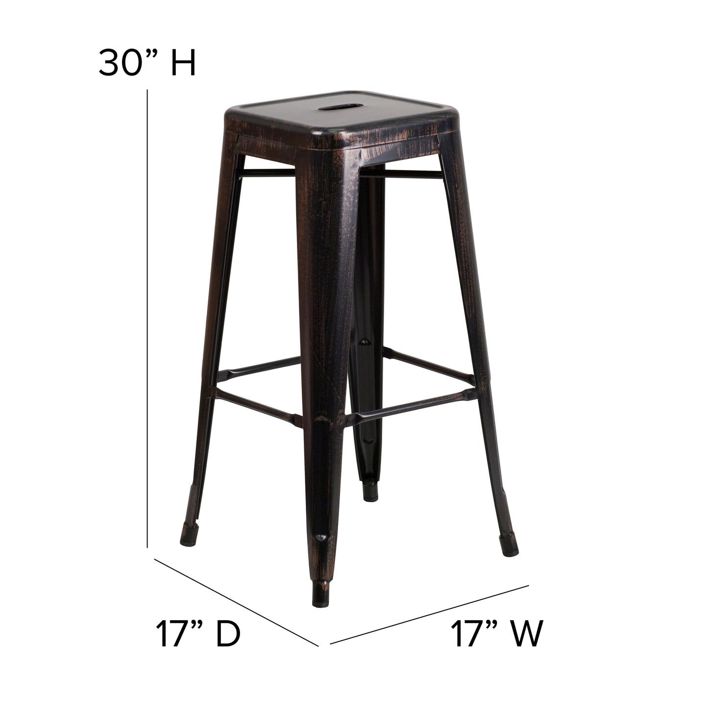 Kai Commercial Grade 30" High Backless Black-Antique Gold Metal Indoor-Outdoor Barstool with Square Seat Black-Antique Gold