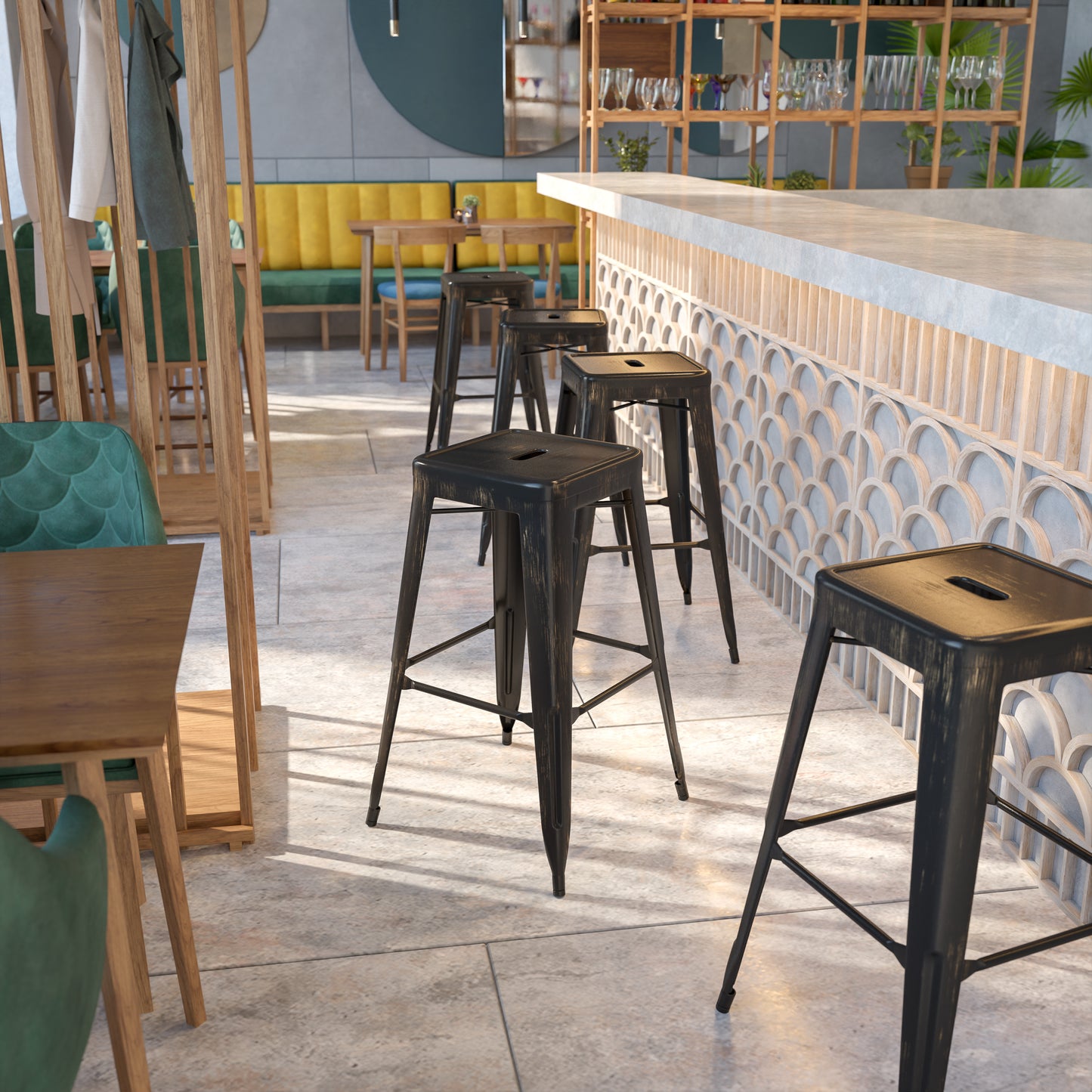 Kai Commercial Grade 30" High Backless Black-Antique Gold Metal Indoor-Outdoor Barstool with Square Seat Black-Antique Gold