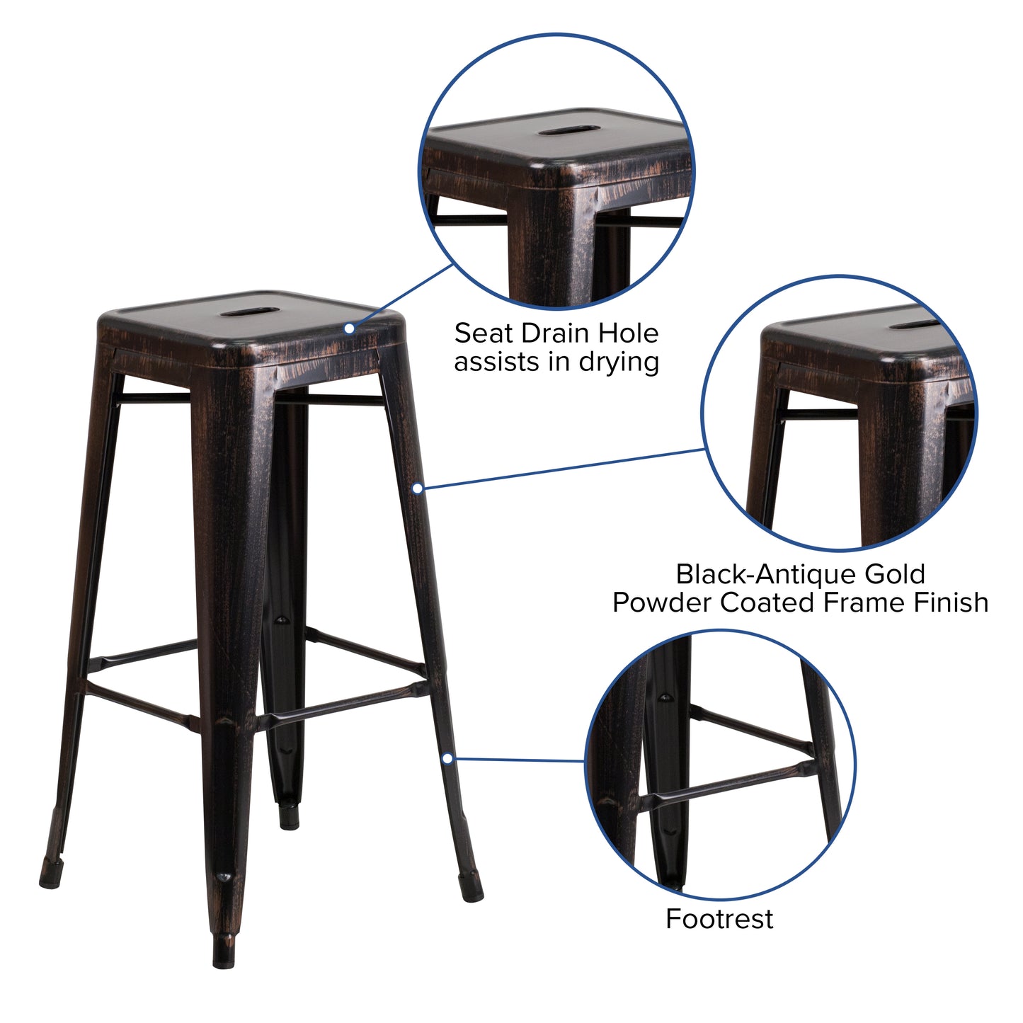 Kai Commercial Grade 30" High Backless Black-Antique Gold Metal Indoor-Outdoor Barstool with Square Seat Black-Antique Gold
