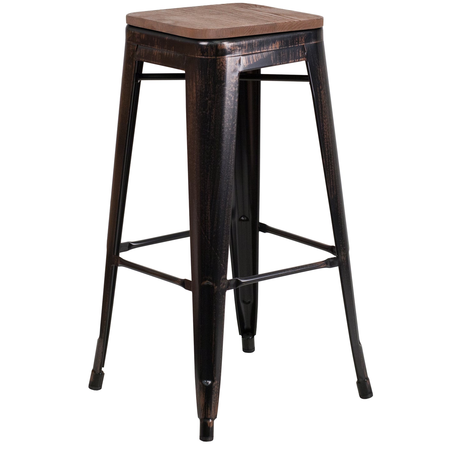 Lily 30" High Backless Black-Antique Gold Metal Barstool with Square Wood Seat Black-Antique Gold