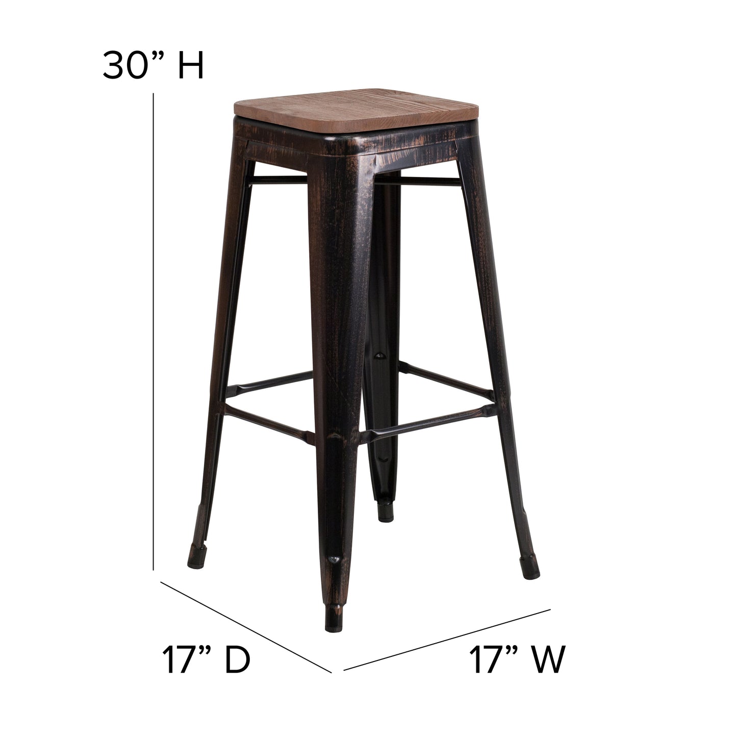 Lily 30" High Backless Black-Antique Gold Metal Barstool with Square Wood Seat Black-Antique Gold