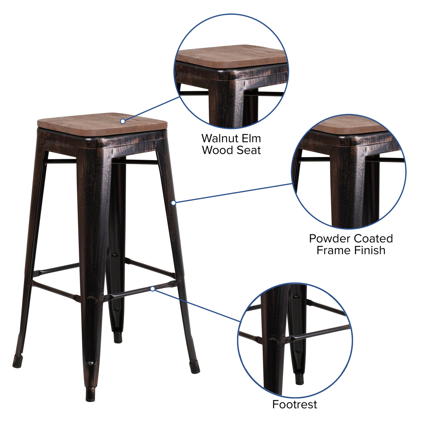 Lily 30" High Backless Black-Antique Gold Metal Barstool with Square Wood Seat Black-Antique Gold
