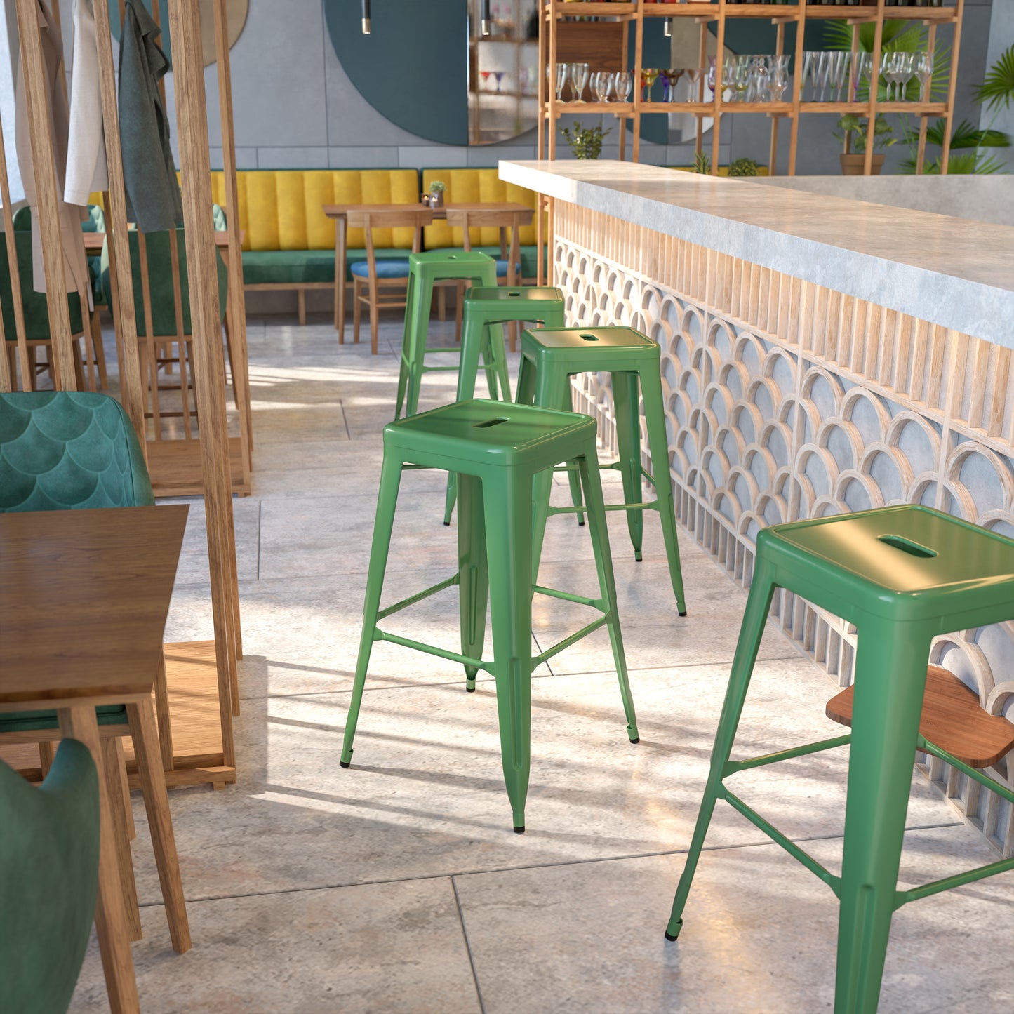 Kai Commercial Grade 30" High Backless Green Metal Indoor-Outdoor Barstool with Square Seat Green