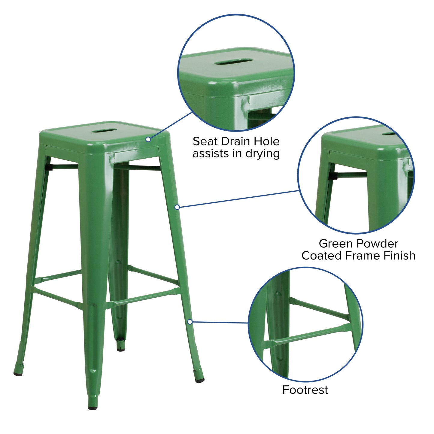 Kai Commercial Grade 30" High Backless Green Metal Indoor-Outdoor Barstool with Square Seat Green