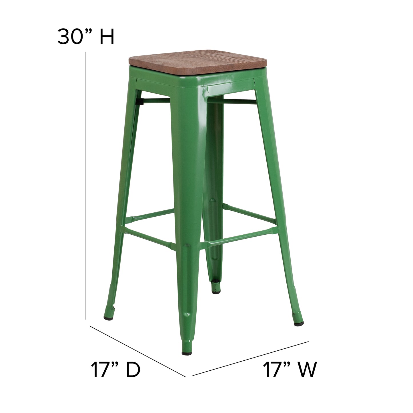 Lily 30" High Backless Green Metal Barstool with Square Wood Seat Green