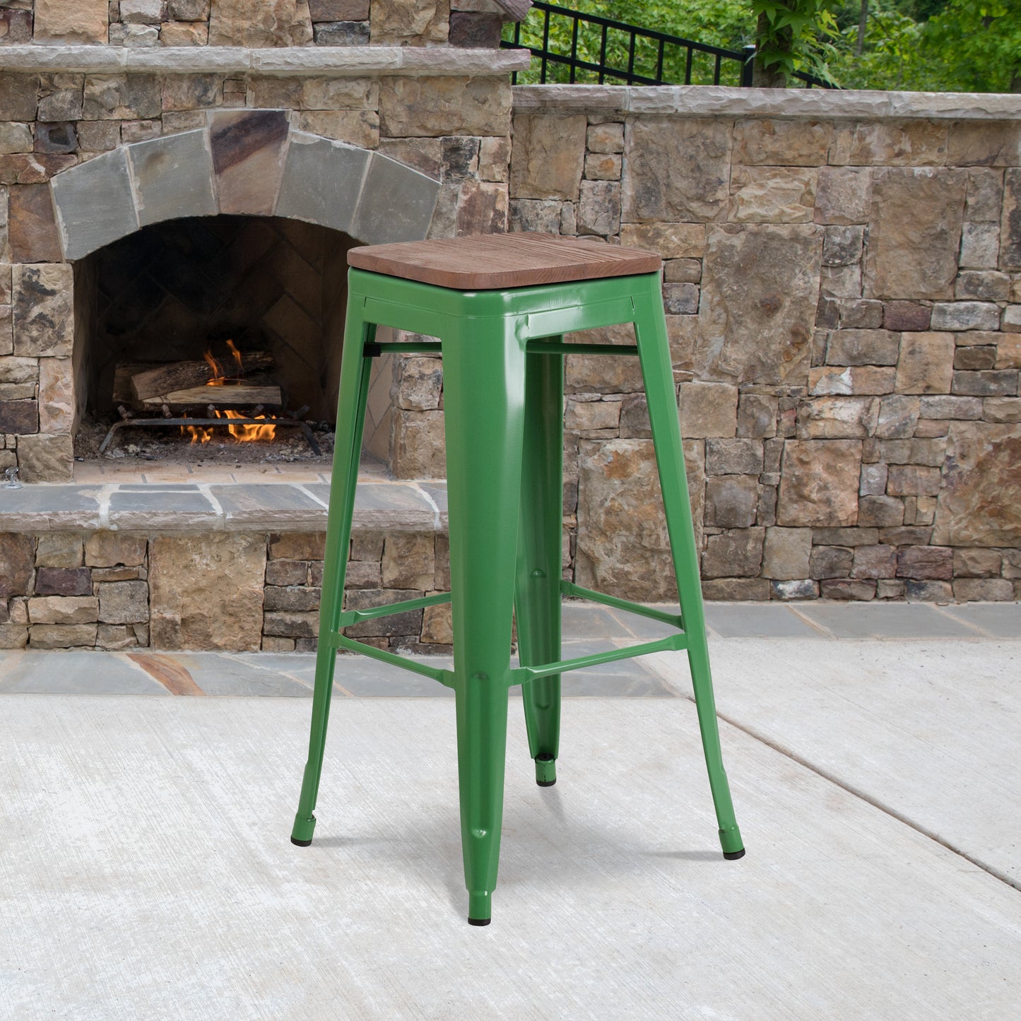 Lily 30" High Backless Green Metal Barstool with Square Wood Seat Green