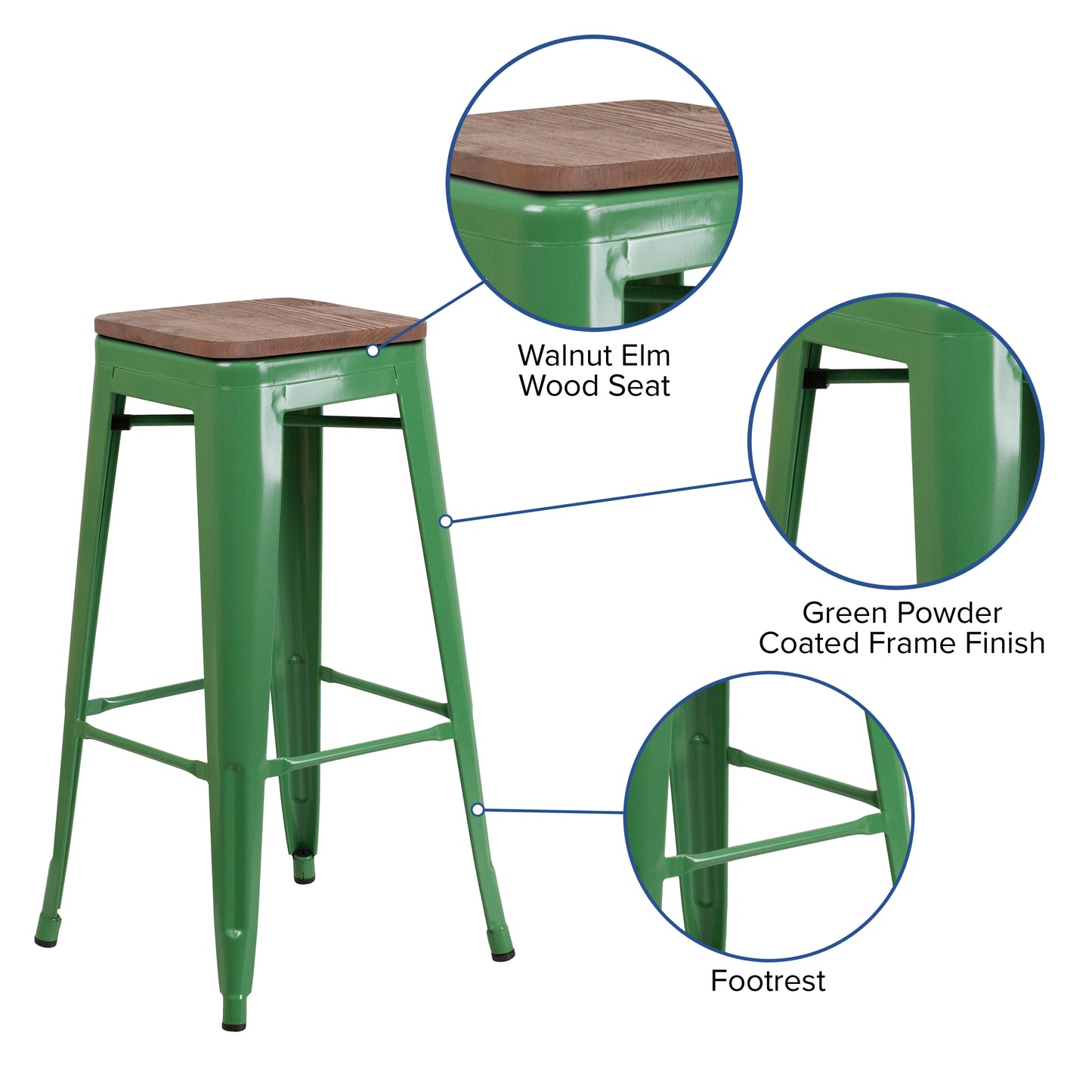 Lily 30" High Backless Green Metal Barstool with Square Wood Seat Green
