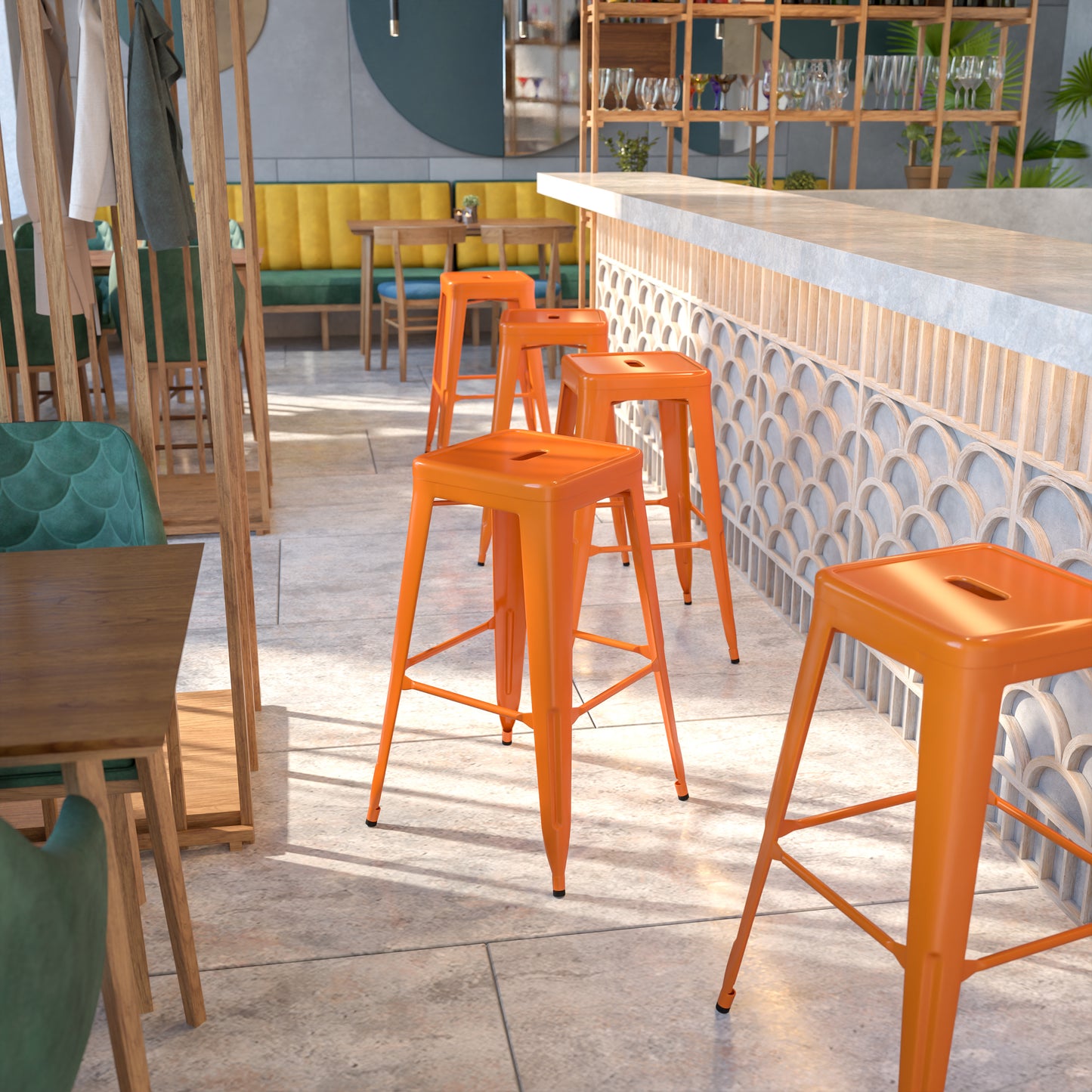 Kai Commercial Grade 30" High Backless Orange Metal Indoor-Outdoor Barstool with Square Seat Orange