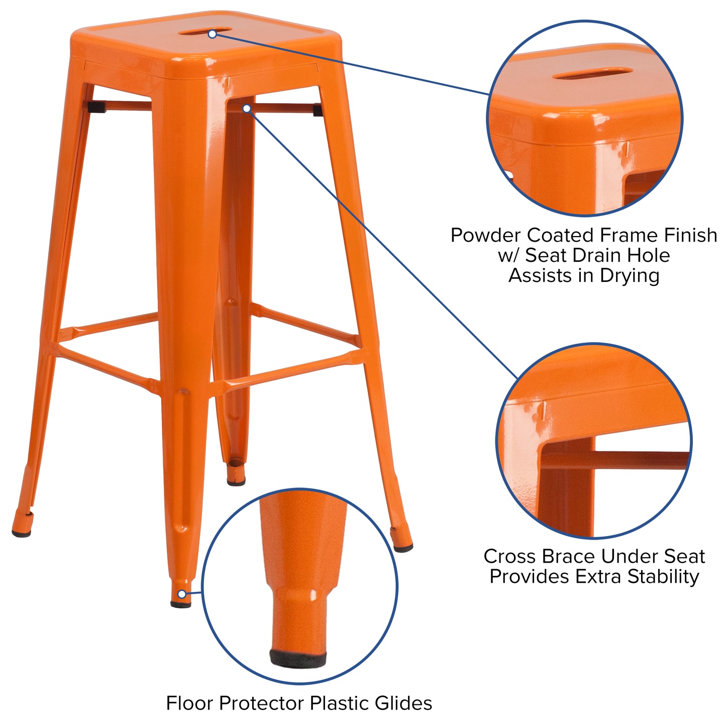 Kai Commercial Grade 30" High Backless Orange Metal Indoor-Outdoor Barstool with Square Seat Orange