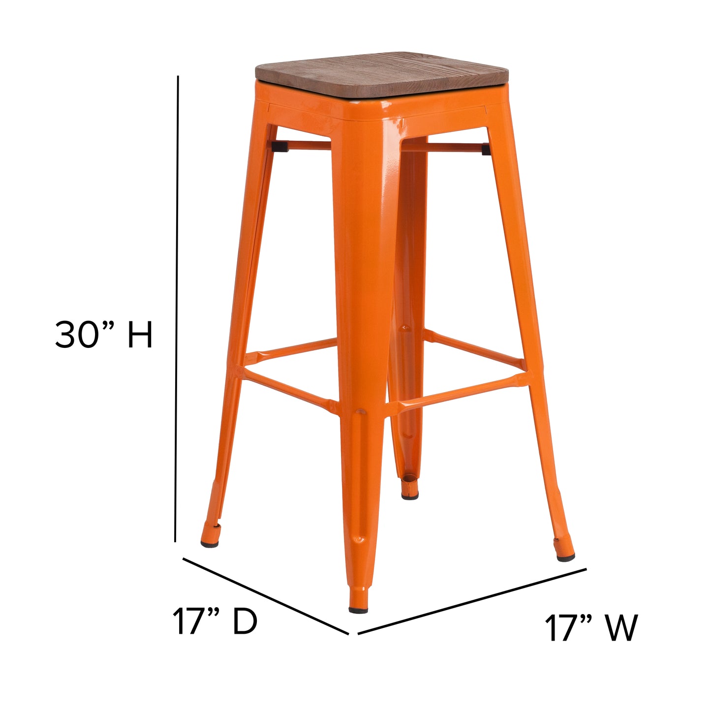 Lily 30" High Backless Orange Metal Barstool with Square Wood Seat Orange