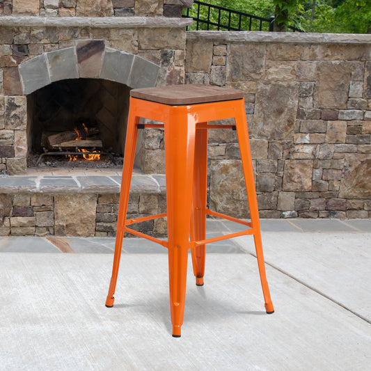 Lily 30" High Backless Orange Metal Barstool with Square Wood Seat Orange