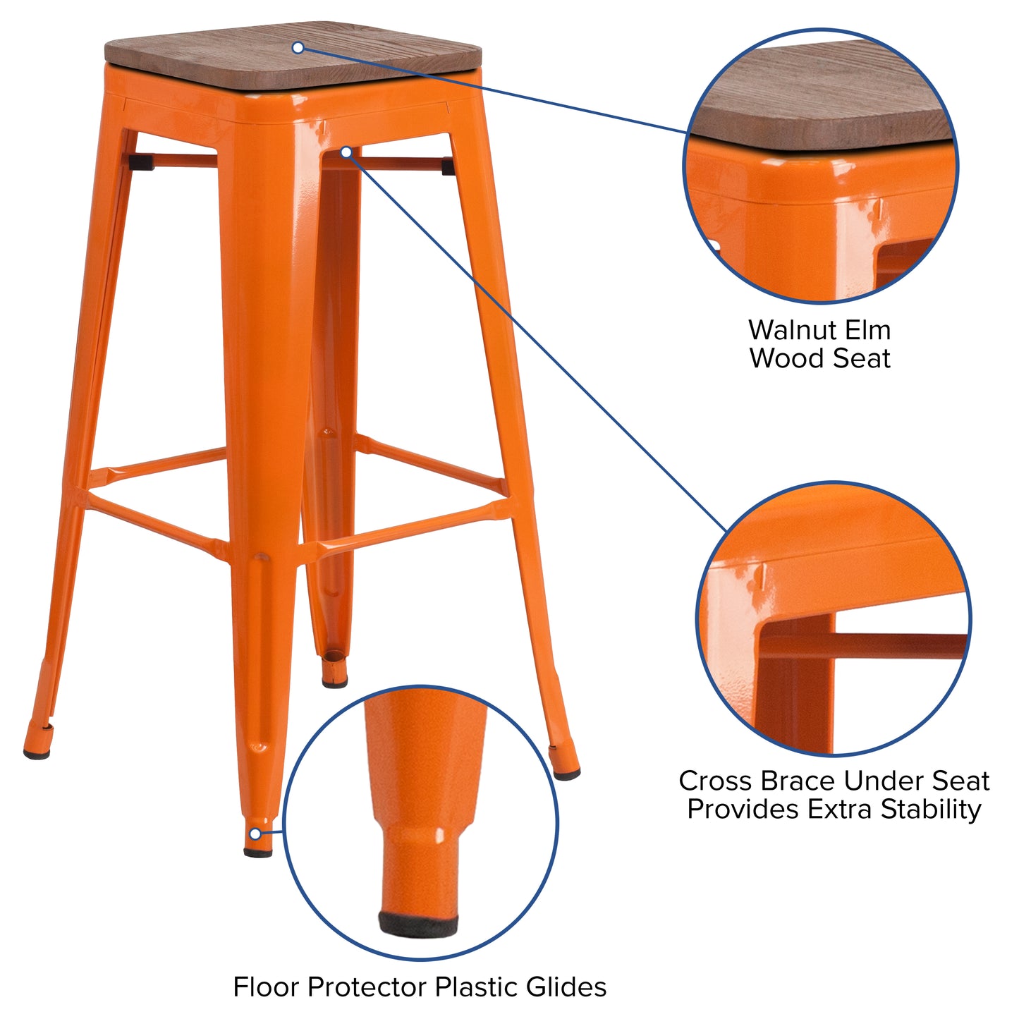 Lily 30" High Backless Orange Metal Barstool with Square Wood Seat Orange