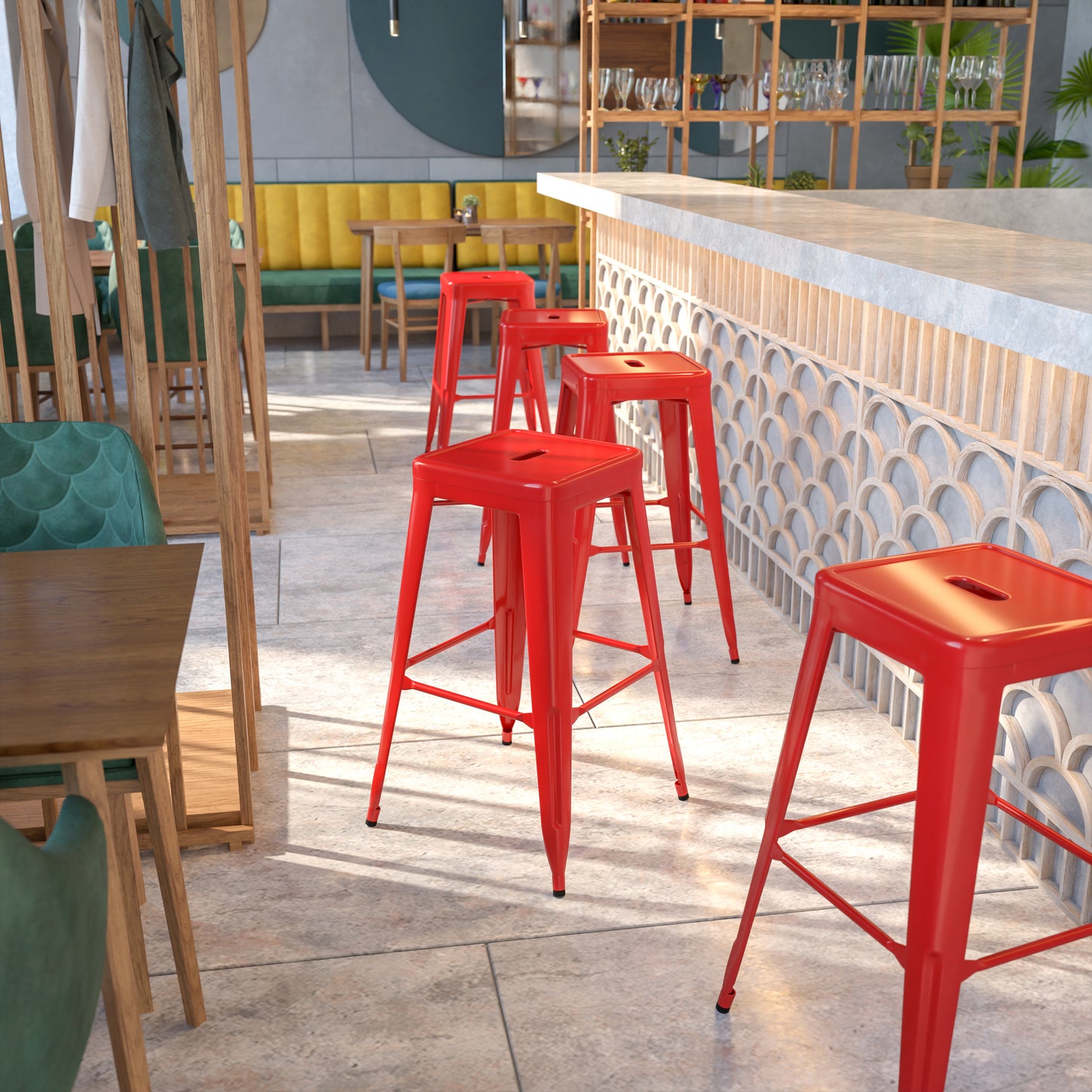 Kai Commercial Grade 30" High Backless Red Metal Indoor-Outdoor Barstool with Square Seat Red