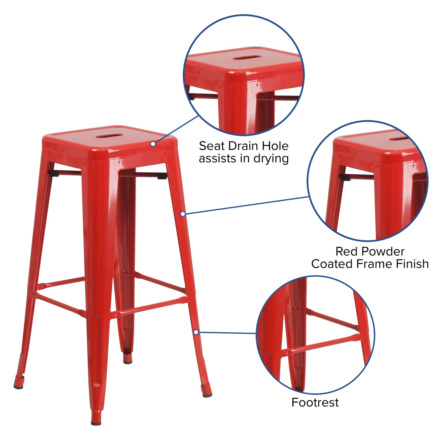 Kai Commercial Grade 30" High Backless Red Metal Indoor-Outdoor Barstool with Square Seat Red