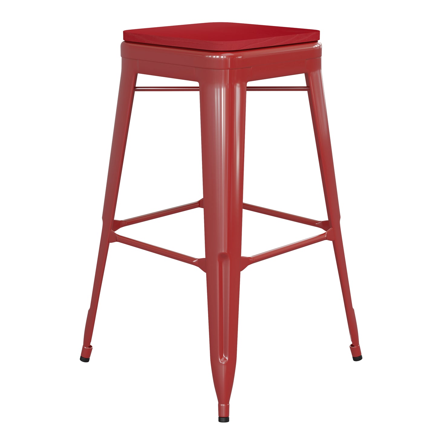 Kai Commercial Grade 30" High Backless Red Metal Indoor-Outdoor Barstool with Red Poly Resin Wood Seat Red Seat/Red Frame