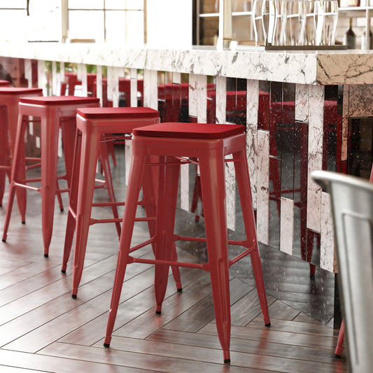 Kai Commercial Grade 30" High Backless Red Metal Indoor-Outdoor Barstool with Red Poly Resin Wood Seat Red Seat/Red Frame