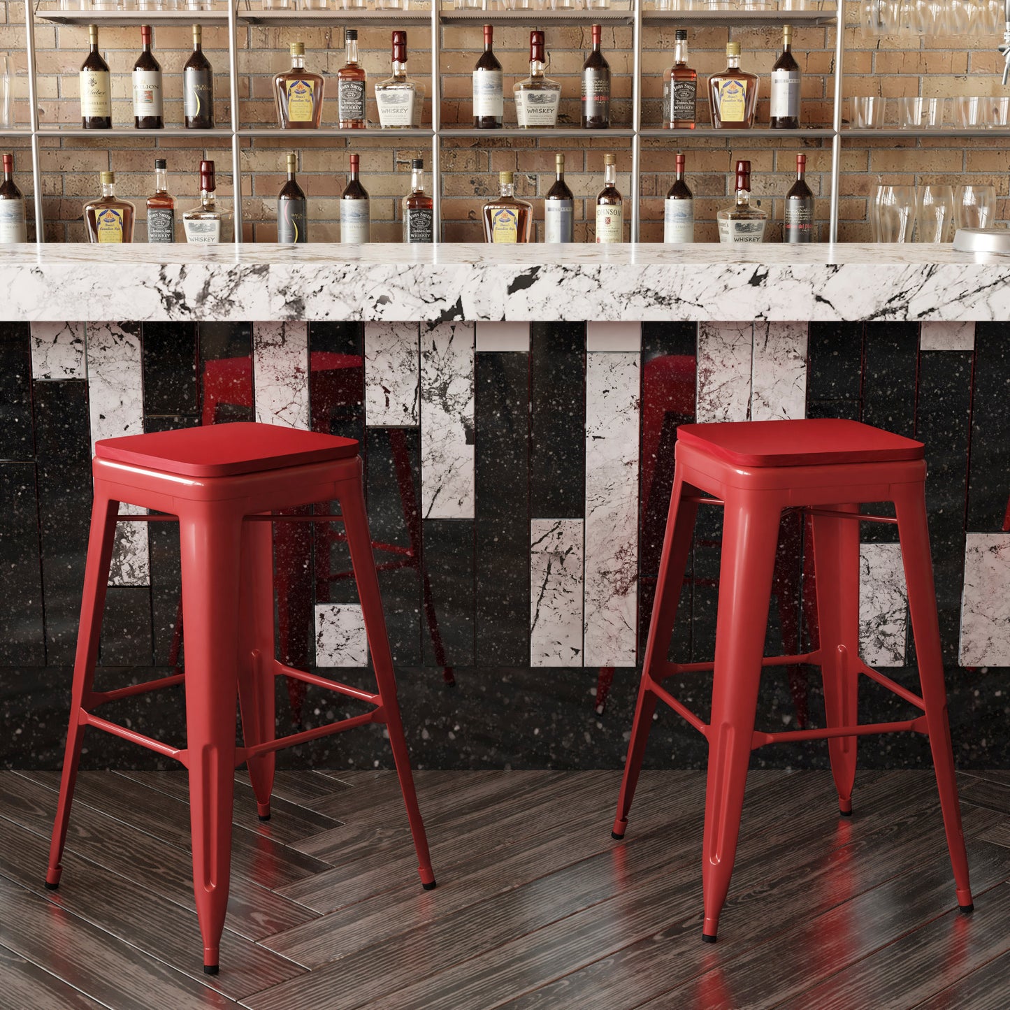 Kai Commercial Grade 30" High Backless Red Metal Indoor-Outdoor Barstool with Red Poly Resin Wood Seat Red Seat/Red Frame