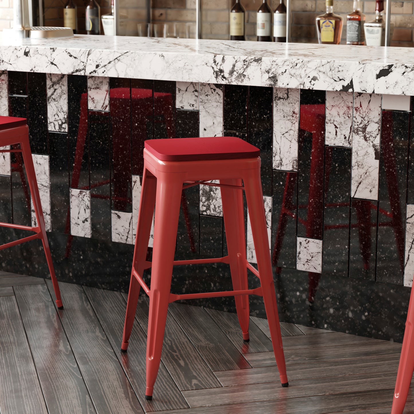 Kai Commercial Grade 30" High Backless Red Metal Indoor-Outdoor Barstool with Red Poly Resin Wood Seat Red Seat/Red Frame
