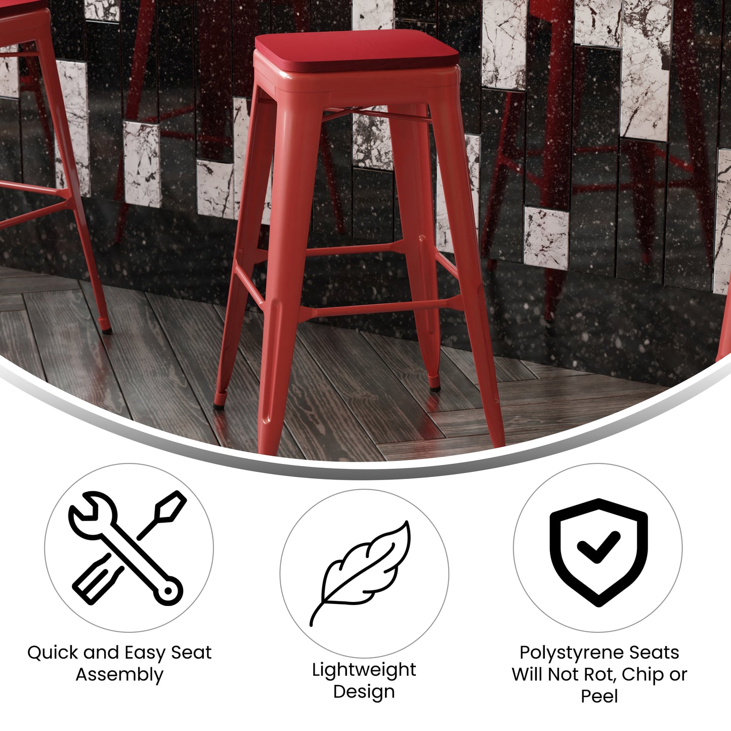 Kai Commercial Grade 30" High Backless Red Metal Indoor-Outdoor Barstool with Red Poly Resin Wood Seat Red Seat/Red Frame