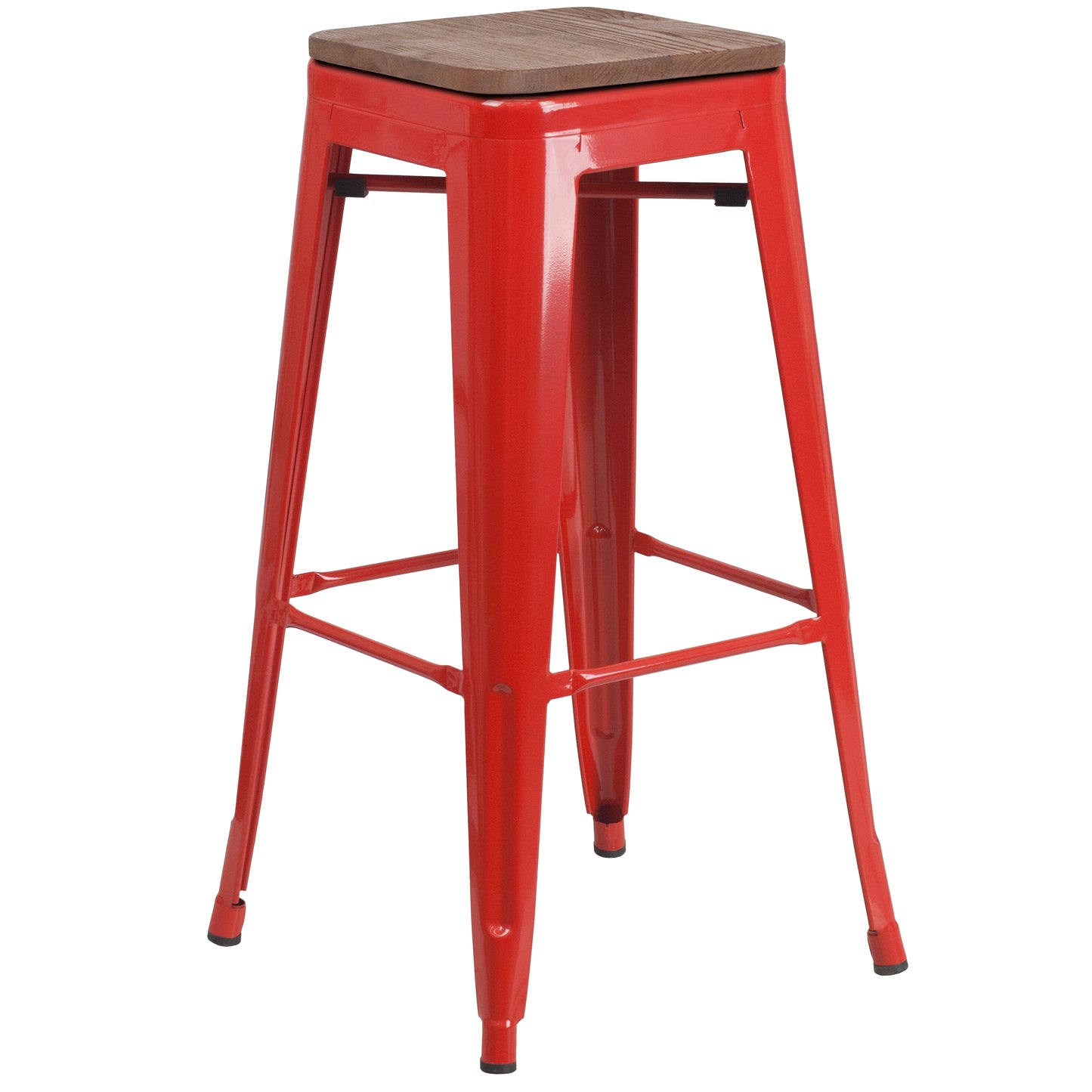 Lily 30" High Backless Red Metal Barstool with Square Wood Seat Red