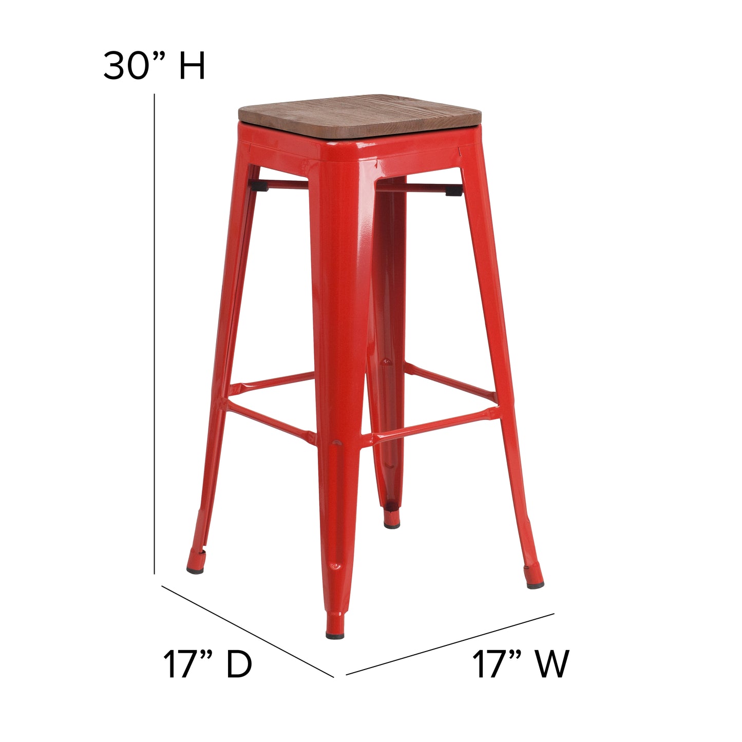 Lily 30" High Backless Red Metal Barstool with Square Wood Seat Red