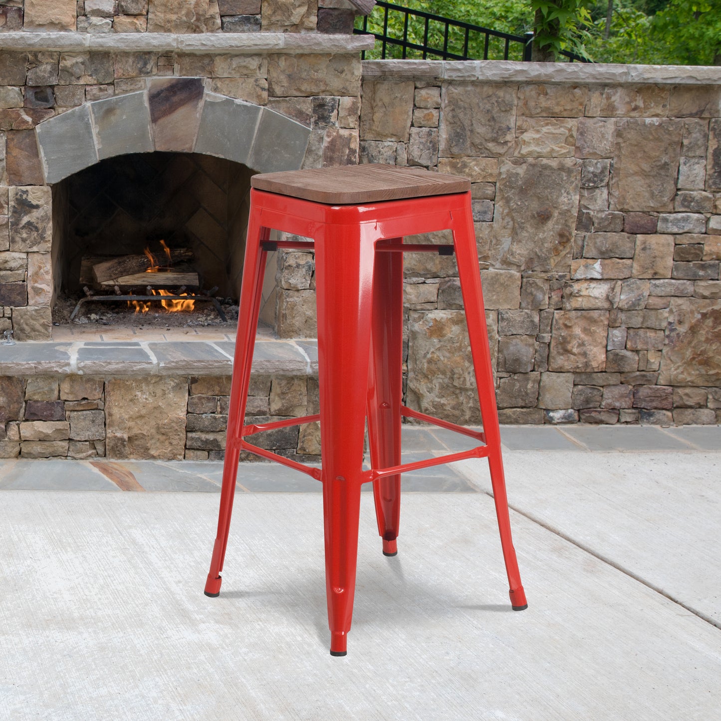 Lily 30" High Backless Red Metal Barstool with Square Wood Seat Red