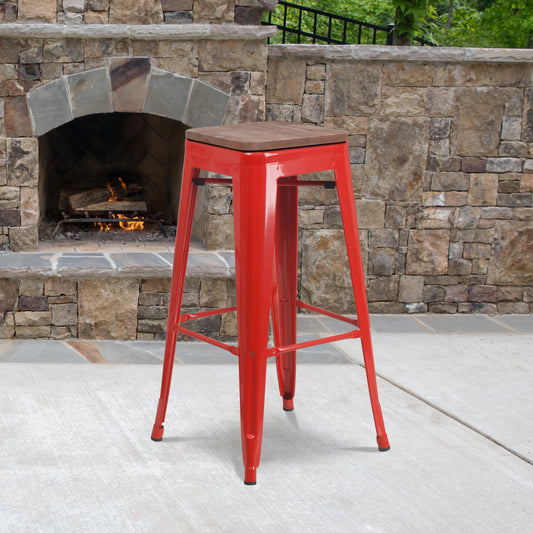 Lily 30" High Backless Red Metal Barstool with Square Wood Seat Red