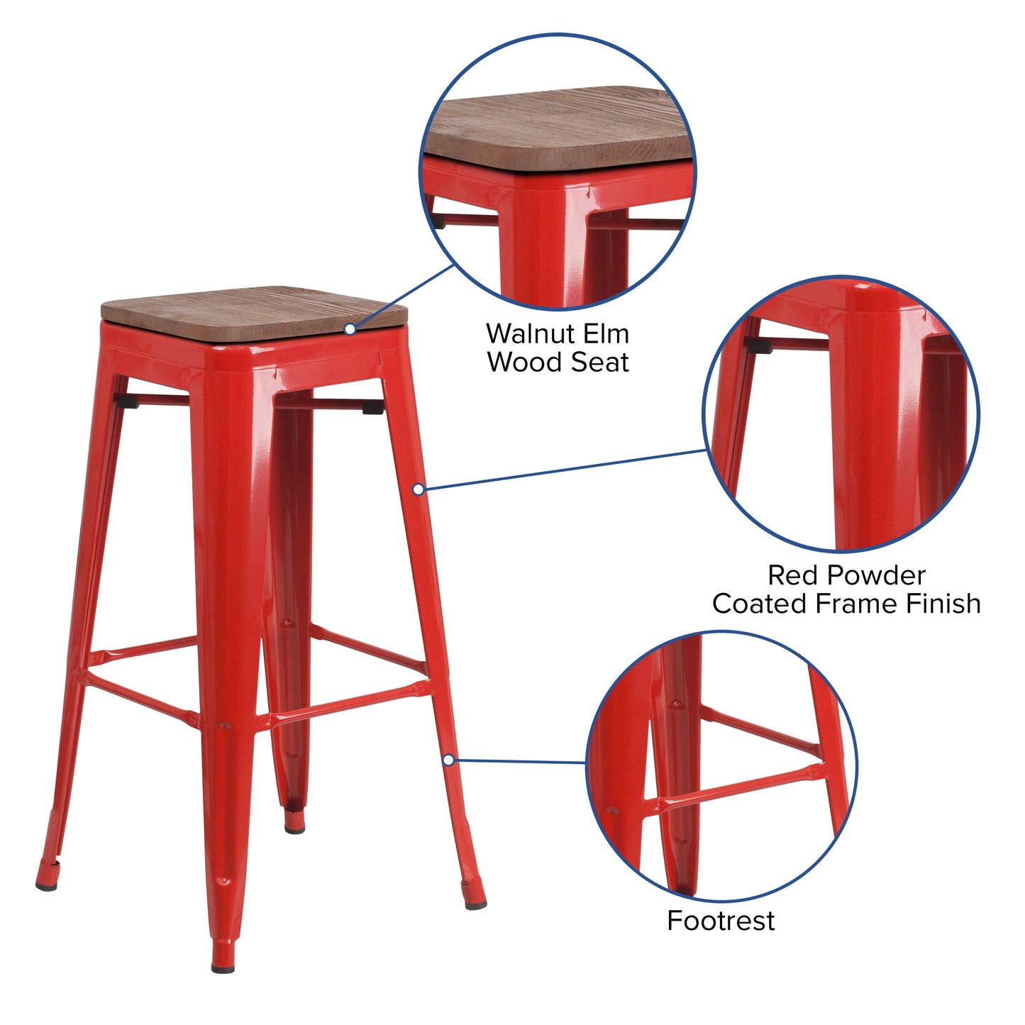 Lily 30" High Backless Red Metal Barstool with Square Wood Seat Red