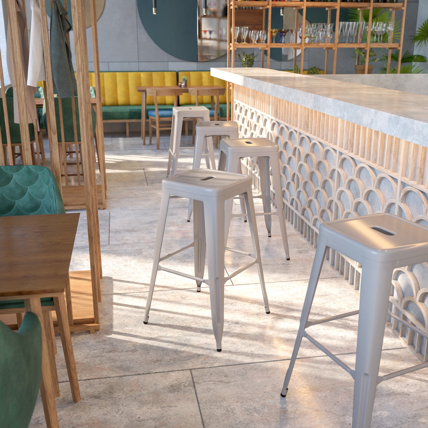 Kai Commercial Grade 30" High Backless Silver Metal Indoor-Outdoor Barstool with Square Seat Silver