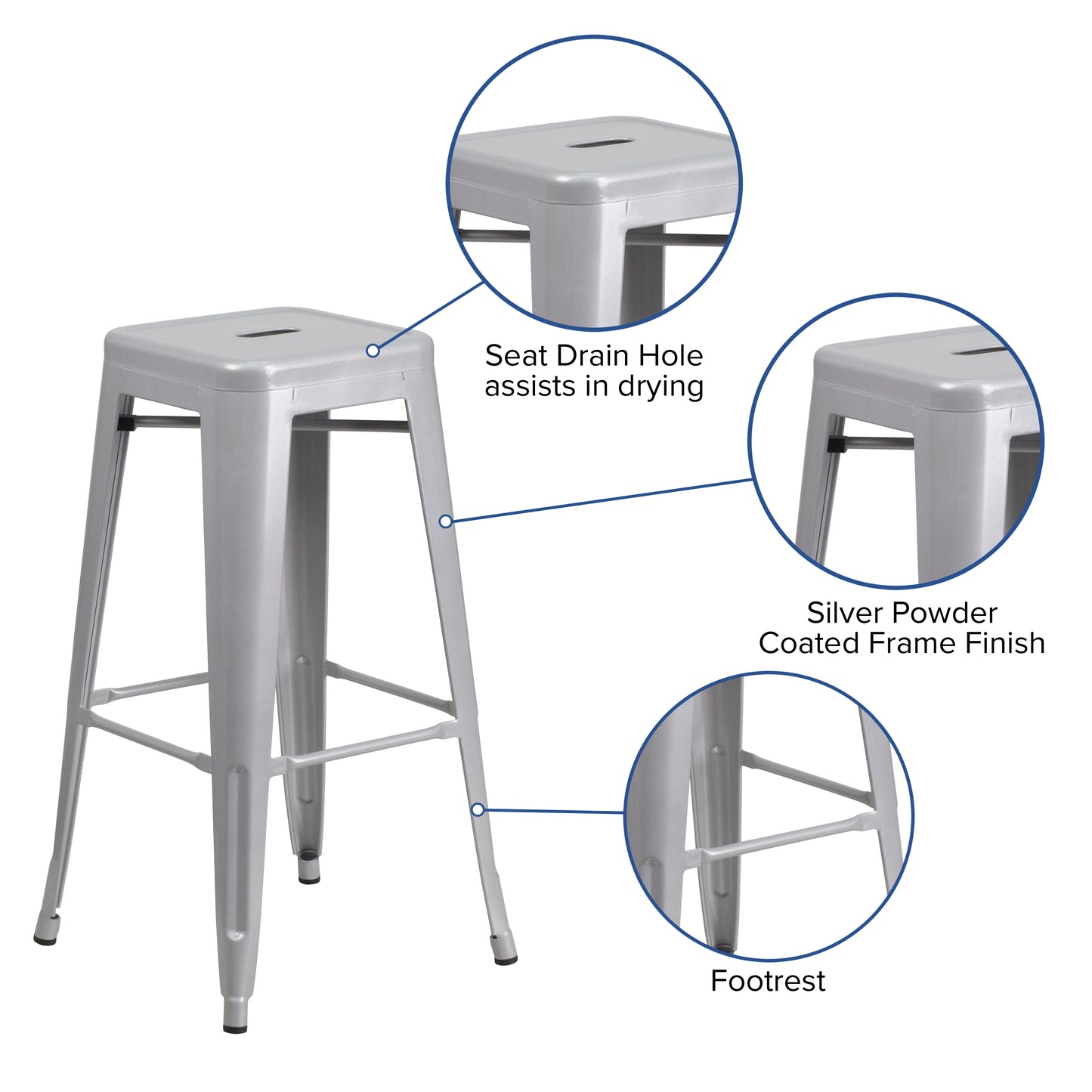 Kai Commercial Grade 30" High Backless Silver Metal Indoor-Outdoor Barstool with Square Seat Silver