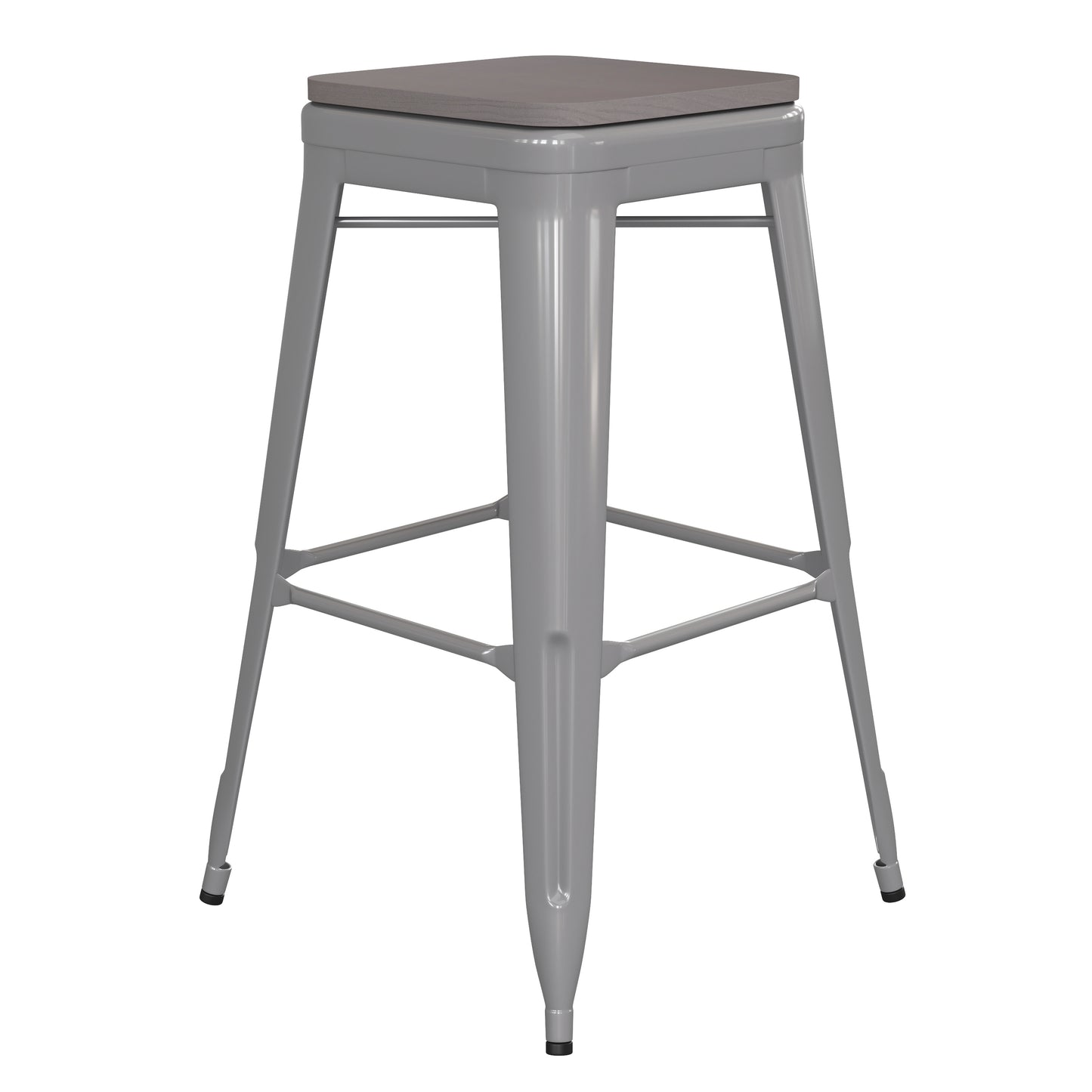 Kai Commercial Grade 30" High Backless Silver Metal Indoor-Outdoor Barstool with Gray Poly Resin Wood Seat Gray Seat/Silver Frame