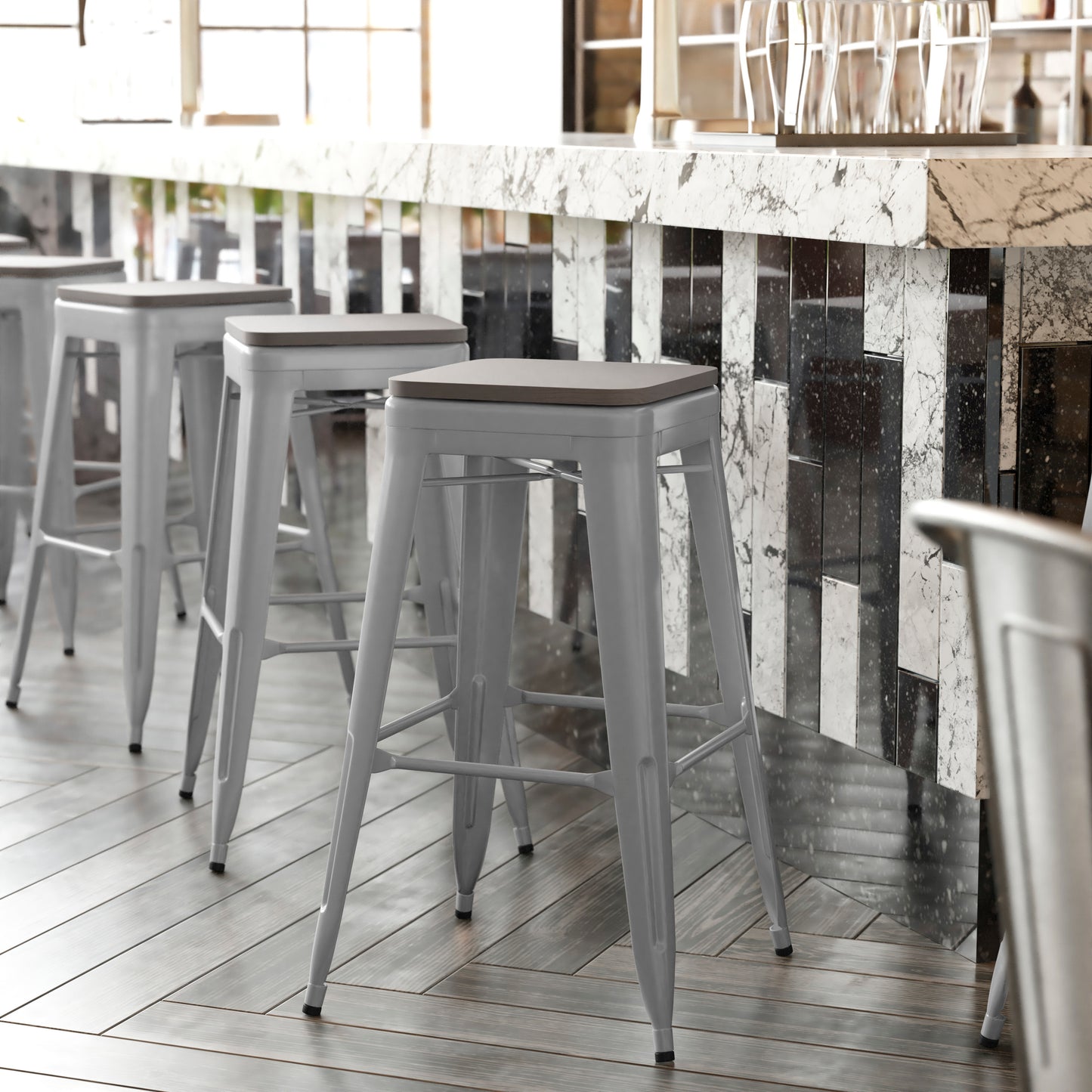 Kai Commercial Grade 30" High Backless Silver Metal Indoor-Outdoor Barstool with Gray Poly Resin Wood Seat Gray Seat/Silver Frame