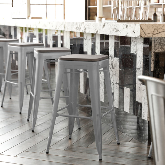 Kai Commercial Grade 30" High Backless Silver Metal Indoor-Outdoor Barstool with Gray Poly Resin Wood Seat Gray Seat/Silver Frame