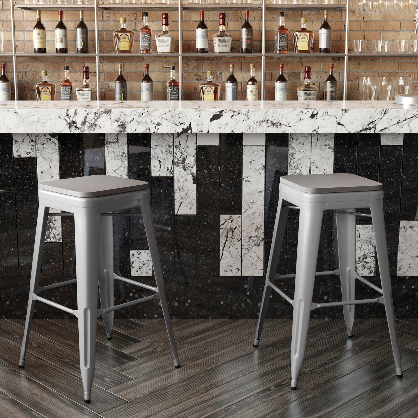 Kai Commercial Grade 30" High Backless Silver Metal Indoor-Outdoor Barstool with Gray Poly Resin Wood Seat Gray Seat/Silver Frame